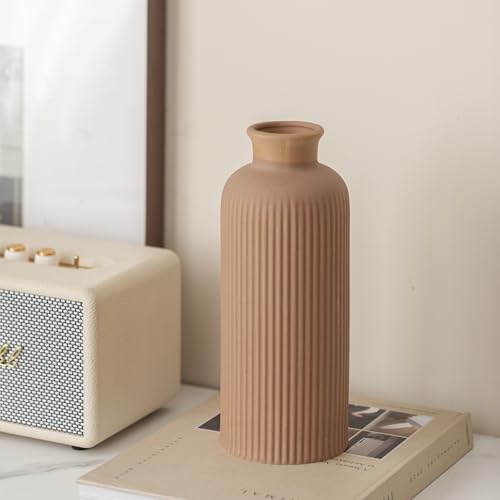 Coffee Ribbed Ceramic Vase for Flowers, Large Modern Textured Decorative Vase, 10 Inch Tall, Farmhouse Style Home Decor (Coffee) - color: Coffee