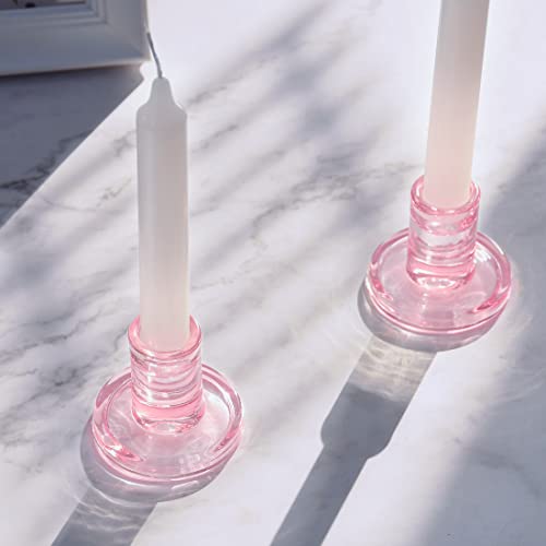 12PCS Pale Pink Taper Candle Holders, Glass Crystal Candlestick Holders Bulk, Clear Candle Holders for Dining Table Centerpiece，More Suitable for Weddings - color: Pink 12pcs