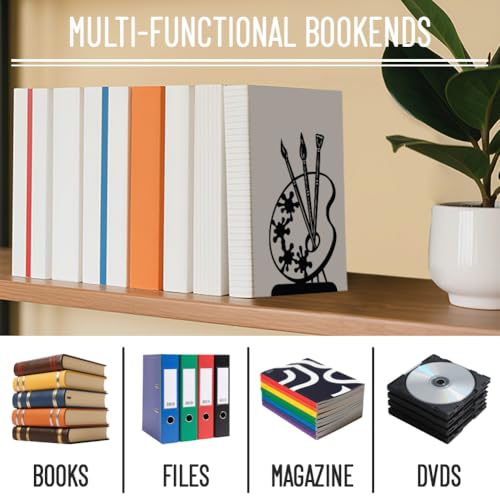 WADORN 1 Pair Painting Palette Metal Decorative Bookend for Shelves, Heavy Duty Book Ends Modern Non-Skid Books Holder Stand Black Book Support Stoppers for Desk Bookshelf Office Home, 5.3x4.3x7.8 - color: Painting Palette
