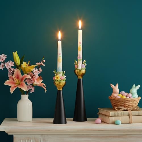Rely+ Black & Gold Taper Candle Holders Set of 2 – Modern Metal Candlestick Holders for Dining Table Centerpiece, Home Décor, Wedding & Party Decorations