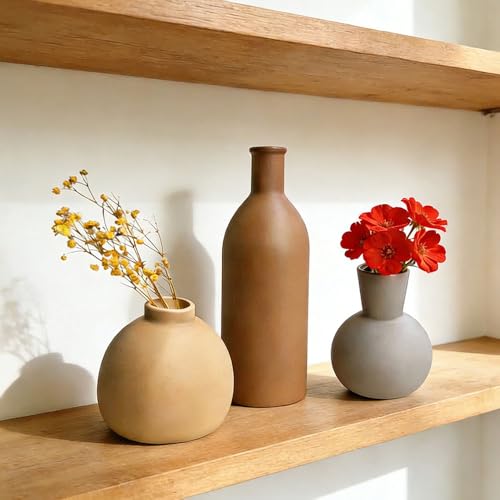 Ceramic Vase Set of 3 - Small Modern Minimalist Ceramic Bud Vases for Home Decor - Boho Aesthetic Flower Vases for Desk, Shelf & Table, Mantle, Bookshelf (Cute & Versatile) (Brown Mix) - color: Brown Mix