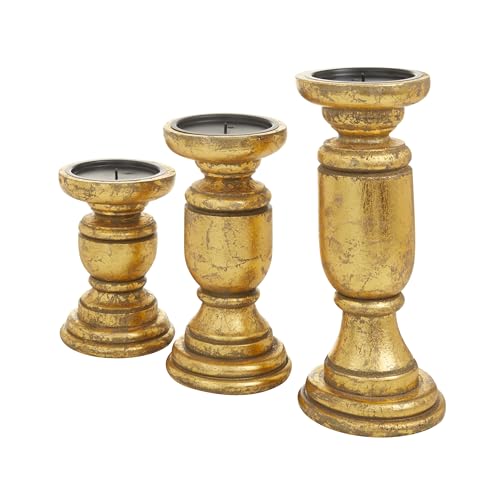 Deco 79 Mango Wood Decorative Candle Holder Turned Style Pillar Candle Stand, Set of 3 Candlestick Holder 10", 8", 6"H, Gold - color: Gold, size: 3 PIECES SMALL SIZE