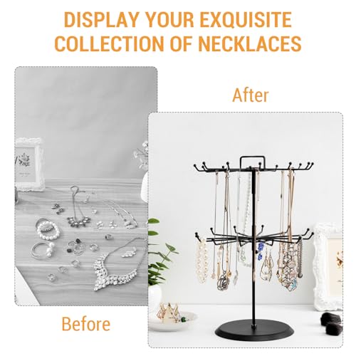 MyGift 2 Tier Black Metal Rotating Necklace tree stand for vendor & bracelet holder Jewelry Stand with 24 Hooks, Multipurpose Accessory and Keychain Spinning Display with Top Handle Card organizer - color: Black (2 Tier)