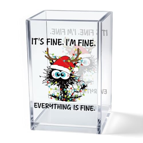 It's Fine I'm Fine Acrylic Cosmetic Pencil Pen Holder Cup, Funny Black Cat Pen Holder Cup, Cute Christmas Gifts for Women Men, Office Sarcastic Gifts for Women Men Colleague Boss - style: It's Fine C