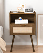 Veegle Nightstand,Modern Bedside Table with Storage Drawer and Open Wood Shelf, Accent Night Stand with Solid Wood Legs for Living Room, Bedroom and Small Spaces,Easy Assembly (Walnut Brown-Rattan) - color: Walnut Brown-rattan