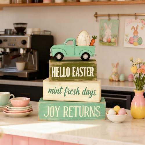 Easter Decorations - Hello Easter Truck Tiered Tray Decor - Wooden Easter Tabletop Sign with Carrot & Egg - Mint Green Farmhouse Spring Home Decor Indoor for Tiered Tray Shelf Mantel - Spring Home Decor for Living Room, Kitchen Counter - style: Easter Tru