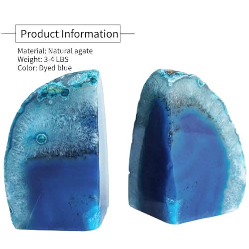 Natural Geode Bookends Pair - 3-4 lbs Heavy Duty Dyed Blue Agate, Non-Slip Crystal Bookends for Shelves | Vibrant Home Office Decor - color: Blue, size: 3-4LBS