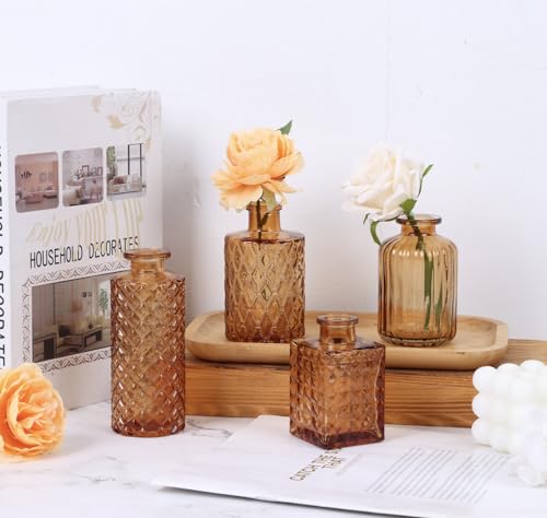 12 Pack Amber Gold Glass Bud Vase Set, Small Vintage Vases for Centerpieces, Decorative Flower Vases for Wedding Home Table Decor - color: Amber, size: 12pcs