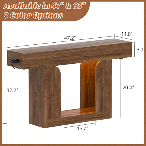 Homieasy Console Table, 47" Entryway Table with LED Lights & Charging Station, Farmhouse Wooden Sofa Table Behind Couch, Narrow Hallway Table for Living Room, Foyer, Entry, Rustic Oak - color: Rustic Oak, size: 47.2"