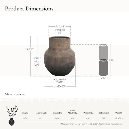 LuxenHome Round Ceramic Flower Vase, 13 Inch Brown Terracotta Vases, Vintage Large Pottery for Living Room Decor Entry Way Table Home Decor, Rustic Pottery - color: Brown Round C