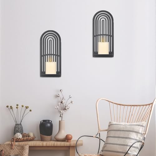 OYEFLY 2Pcs Metal Wall Hanging Candle Sconces,Black Boho Wall Shelves Candle Holders (Black)