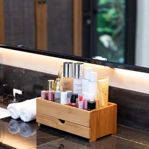 GOBAM Bamboo Makeup Organizer and Storage with Drawer, Wooden Cosmetic Organizer Countertop for Bathroom, Bedroom, Kitchen & Dresser, Desk Organizer with Drawers and Make up Vanity Station - Medium - size: Medium