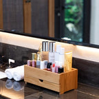 GOBAM Bamboo Makeup Organizer and Storage with Drawer, Wooden Cosmetic Organizer Countertop for Bathroom, Bedroom, Kitchen & Dresser, Desk Organizer with Drawers and Make up Vanity Station - Medium - size: Medium