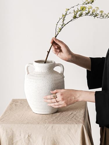 Large White Ceramic Vase with Handles - 9.5 Inch Tall Rustic Farmhouse Flower Vase, Decorative Accent for Living Room Coffee Table Bathroom Home Decor, Weddings Holiday Centerpieces (Rock Sand White) - color: Rock Sand White-9.5"