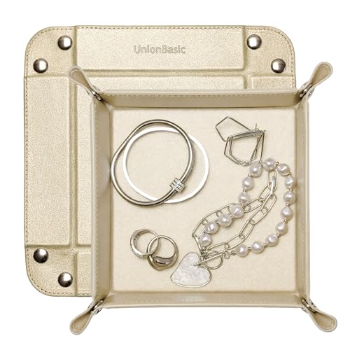 UnionBasic Small Valet Tray, Jewelry Tray for Rings Watches Earrings, Entryway Catchall Caddy for Coins Keys Change, Nightstand Bedside Valet Holder, Trays for Electronic Gadgets, Pale Gold - color: Pale Gold, size: 5.4" x 5.4" x 1.6"