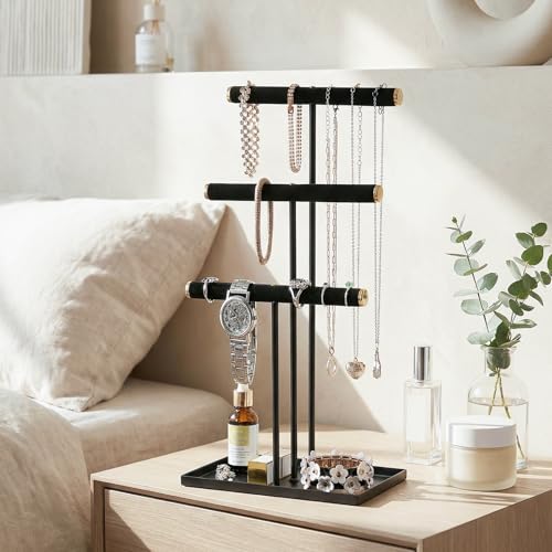 Jewelry Organizer Stand, Necklace Holder with Metal Frame, Jewelry holder stand Tree for Display, Bracelets Earrings and Ring Tray for Women (Black, 3 Tier) - color: Black