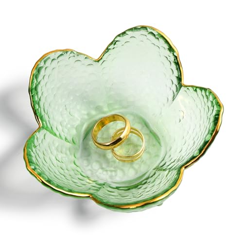 Green Flower Jewelry Trinket Dish, Glass Ring Holder Tray, Small Trinket Bowl Gifts for Women - color: golden-edged green