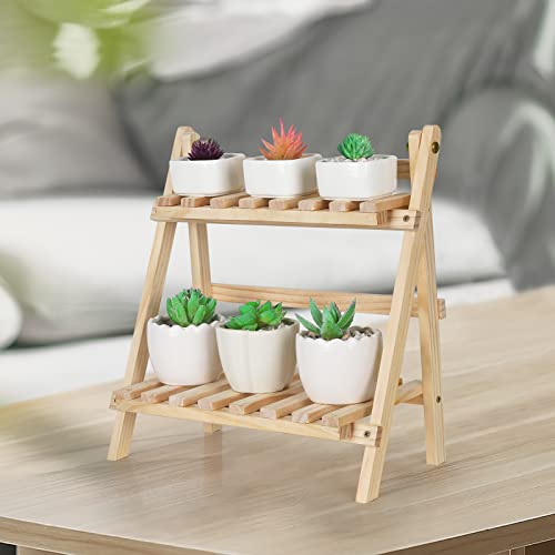 Jotsport 2-Step Desktop Storage Organizer Foldable 2 Tier Ladder Plant Stand Wood Display Shelf Decorative Storage Rack for Table Top - color: Natural