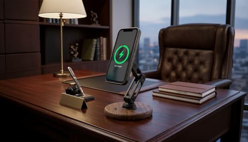 ClikDock Cell Phone Magnetic Wireless Charger Stand, 360° Spin, Aluminum Construction, Compatible with MagSafe Phones for iPhone & Andriod (Walnut Wood) - color: Walnut Wood