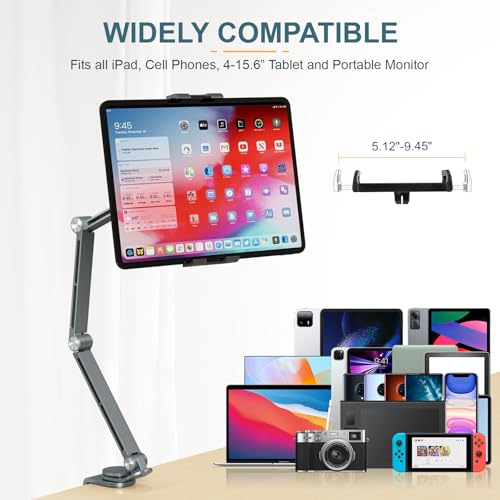 Houele Tablet Stand Holder, Adjustable Foldable Tablet Arm iPad Desk Mount with 360°Rotate Base, Phone Holder iPad Stand for Desk and Bed, Compatible with Tablets, Phones or Other 4-15.6" Device - color: Grey