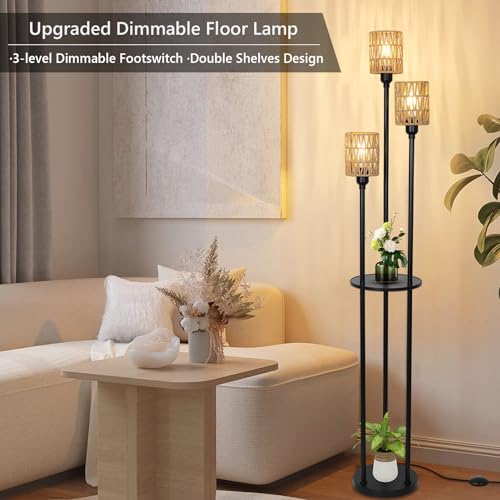 Dimmable Boho Floor Lamps for Living Room, 3-Lights Farmhouse Floor Lamp with 3-Way Foot Switch, Rattan Floor Lamp with Shelves, Rustic Standing Lamp with Rattan Shades, Tall Lamps for Bedroom - style: Dimmable Black-Rattan Shade