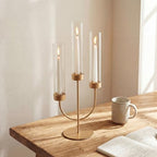 Sziqiqi Candelabra Gold Candlestick Holders: 3 Arm Candelabra Centerpiece with Glass Hurricane for Dining Table Fireplace - Modern Candle Holders for Wedding Christmas - color: Gold