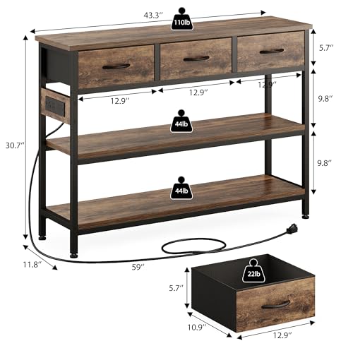 Lulive 2 Pack Entryway Tables with Power Outlets, Console Table with 3 Fabric Drawers, Sofa Table for Living Room, Hallway, Couch, Foyer, Height Adjustable - color: Rustic Brown, size: 2-Pack 43 inches
