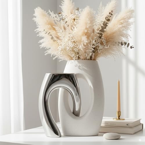 Ceramic Vase Set of 2 by DecoVlog, White and Silver Hollow Living Room Decor Vase, Minimalist Decorative Modern Boho Vase for Table Centerpiece Wedding Dining Living Room Office House Decoration - color: White&silver