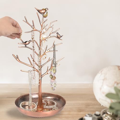 ChezMax Jewelry Display Necklace Earring Organizer Holder Metal Birds Tree Stand with Tray Antique Bracelet Rings Rack Tower Decoration for Women Girl Bronze 11.8 Inch - color: B-Metal Bronze