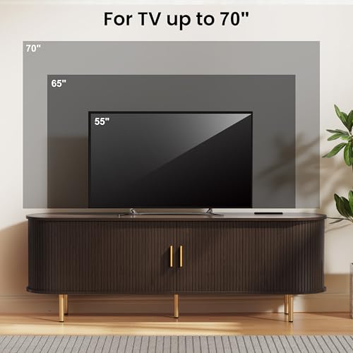 DHH 63 Inch Mid Century Modern TV Stand with Power Outlet for TVs up to 70 Inch, Entertainment Center with Storage and Adjustable Shelves, Media Console with Sliding Doors for Living Room(Dark Walnut) - color: Dark Walnut, size: 63 Inch