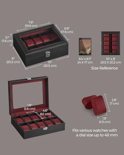 SONGMICS Watch Box, 10-Slot Watch Case Organizer with Large Glass Lid, Removable Pillows, Gift for Loved Ones, Black Synthetic Leather, Wine Red Lining UJWB010R01 - color: Black + Wine Red, size: 10 Slot