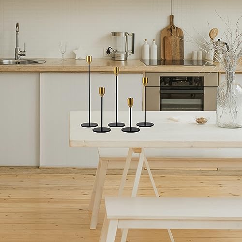 Set of 5 Black Taper Candlestick Holders with Brass Top, Metal Candle Stick Holder, Antique Mid-Century Candle Holders for Table Centerpiece, Mantel, Dining Table Decor