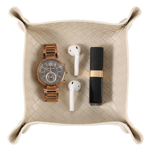 KINIVA 2 Pack PU Leather Jewelry Valet Tray for Men Women,Small Key Bowl for Entryway Table,Portable Travel Catchall Dice Tray (Square-White-2pcs) - style: Square-White-2pcs