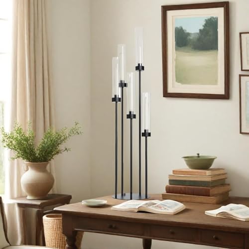 39.8''Matte Black Candle Holder with Acrylic Shades Tall 5 Arm Candelabra Black Table Centerpiece 6PCS for Wedding Living Dining Room Fireplace Decoration Fit 0.98''LED Taper Candle - color: Black, size: 6pcs