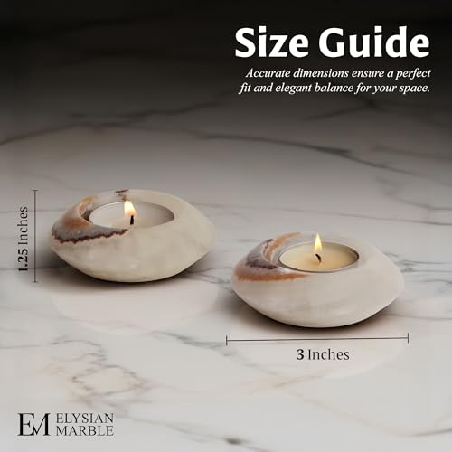 Tealight Candle Holders Set of 2 – Handcrafted Natural Marble Tea Light & Votive Holders, Decorative Stone Candle Holder Pair for Home Décor, Dining Table, Coffee Table & Wedding Decor - color: White Onyx, size: 3" Inches