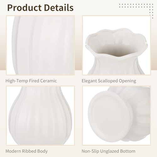 White Wavy Edge Ceramic Vase, Modern Ribbed Flower Vase for Home Decor, Scalloped Opening Pedestal Vase, Minimalism Elegant Table Centerpiece for Dining Table Mantle Bedside Shelves