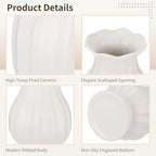 White Wavy Edge Ceramic Vase, Modern Ribbed Flower Vase for Home Decor, Scalloped Opening Pedestal Vase, Minimalism Elegant Table Centerpiece for Dining Table Mantle Bedside Shelves
