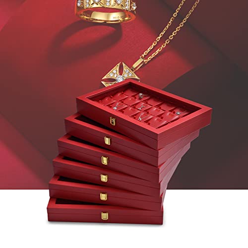 Oirlv Luxury Leather 24 Grid Jewelry Tray with Transparent Lid Earrings Rings Organizer Box Stackable Jewelry Box Drawer Inserts Women Gift - color: Red, size: 24 Grid