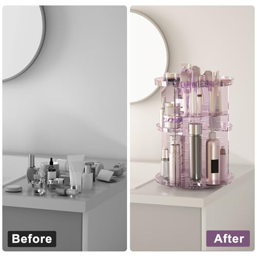 Rotating Makeup Organizer for Vanity, DIY Adjustable Tray Spinning Skincare Organizers Countertop, Cosmetic Display Case with Perfume Tray Brush Holder, Bathroom Desk Corner Storage Carousel Rack - color: Clear Purple