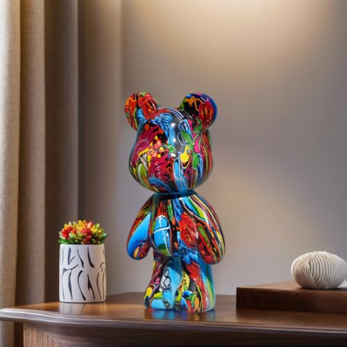 Bear Statue Resin Graffiti Animal Sculpture for Home, Office Decor, Abstract Design for Birthday, Anniversary and Gift Present (Flower Pattern) - color: Flower Pattern