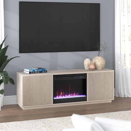 Henn&Hart Fluted TV Stand for TVs up to 75" with 26" Electric Crystal Rocks Fireplace and Ribbed Side Storage Cabinets for Living Room, Family Room, or Office, Beech White - color: Beech White, size: 70" TV Stand with Fireplace