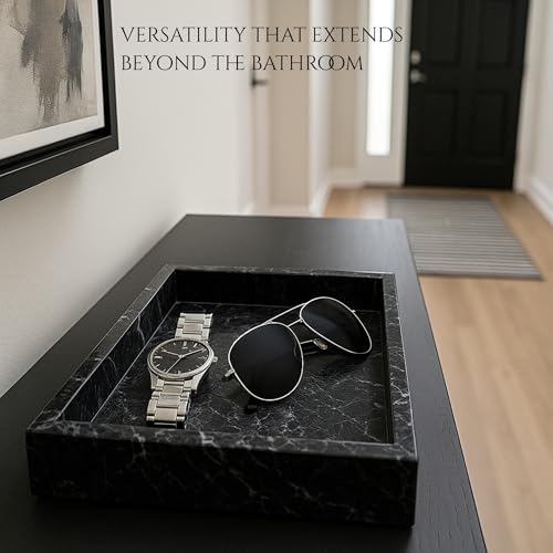 Bey-Berk Ezra Black Zebra Marble Guest Towel Tray – Rectangular Bathroom Vanity Organizer for Countertop Storage - color: Black