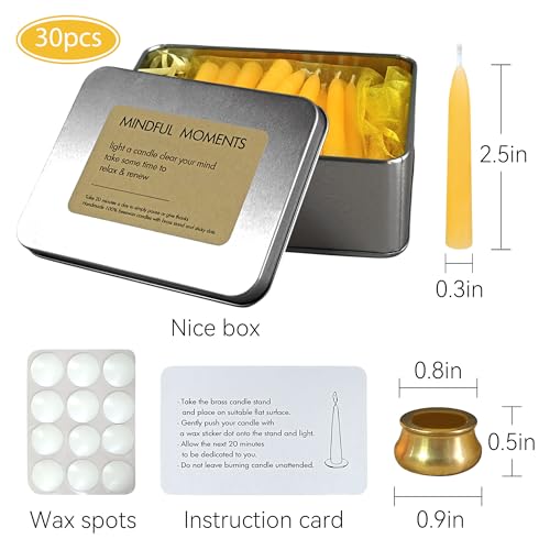 20 Minute Meditation Candles for Anxiety Relief Mini Beeswax Taper Candles Set of 30 with Brass Holder & Candle Wax Dots for Secure Fit Dripless Prayer Candles for Yoga Ritual & Spiritual Practice - color: 30pcs Beeswax Candles
