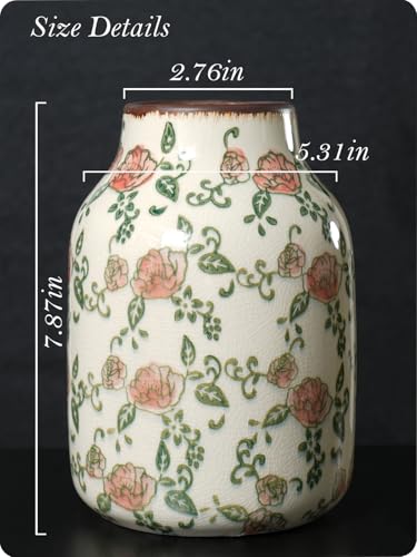 Vintage Ceramic Vase - 7.8 Inch Hand-Painted Roses with Ice Crackle Glaze Finish, American Farmhouse Style Pitcher Vase for Home Decor, Centerpiece, Shelf, Table, Office, Rustic Wedding Gift - color: Beige and Red-002