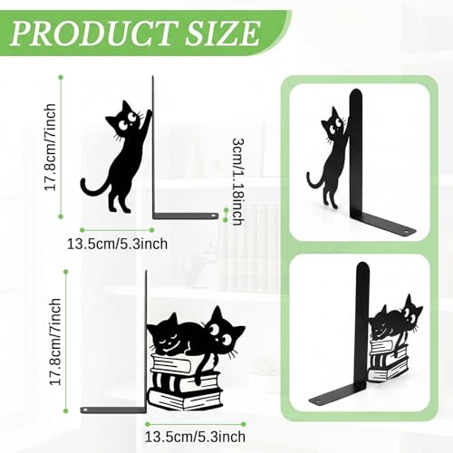 Sanwarm Metal Bookends Cat Black Whimsical Book Ends Decorative Bookend for Home Office Library Desk Book Shelves Decor, Gift for Reading Enthusiasts Non-Skid Book Stoppers Holder (1 Pair) - color: Black Cat 4