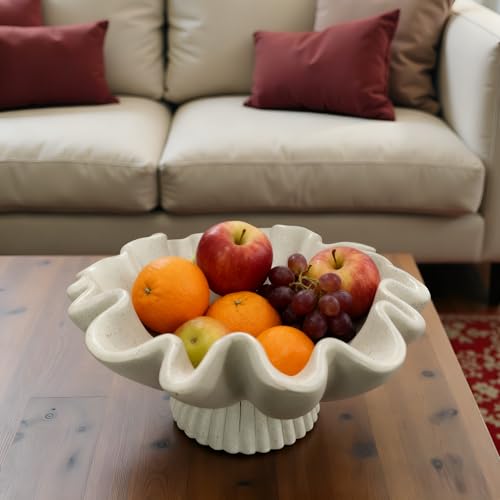 10" Large Handmade Decorative Bowl decor, Handicraft Scalloped Bowls for Modern Home Decor,Ruffle Decor,Key Bowl for Entry Table,Decorative Fruit Bowl for Kitchen Counter,Light Gray - color: Light Gray-With base, size: 10inch
