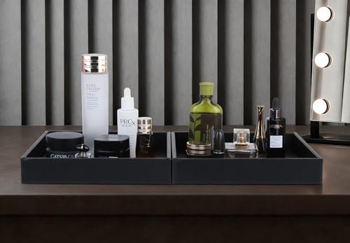HofferRuffer Faux Leather Vanity Tray, Elegant Desktop Storage Organizer, Decorative Catchall for Perfume, Bathroom Valet, Nightstand or Dresser, 10 x 10 x 1.8 inches (Black) - color: Black, size: 10" x 10" x 1.8"