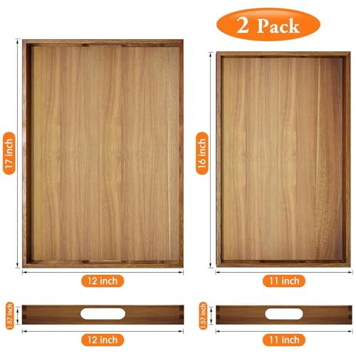 Serving Trays - 2 Pack, Acacia Wood Serving Platters with Ergonomic Handles, Versatile Rustic Decorative Trays for Breakfast, Brunch, Dinner, Coffee Table, Party, Kitchen-L - size: 16"x11"x1.57" and 17"x12"x1.57"