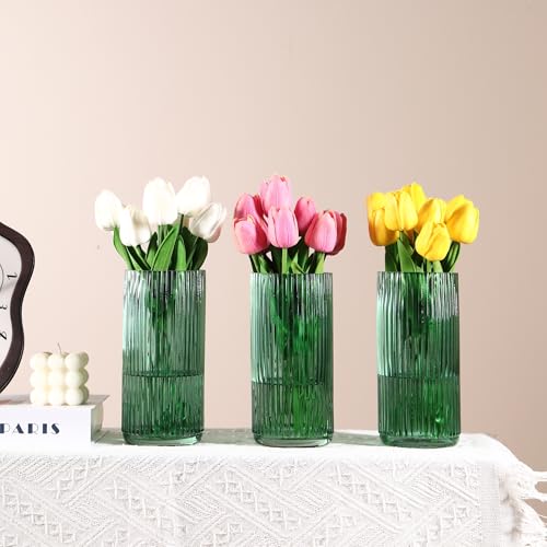 Green Glass Vases, Flower Vases Set of 3, Ribbed Glass Vase for Tulips, Tall Cylinder Glass Vases for Living Room, Bedroom, Dining Table, Office, Wedding, Bookshelf Decoration, 8 Inches - color: Green, size: 8'' X 3Pack