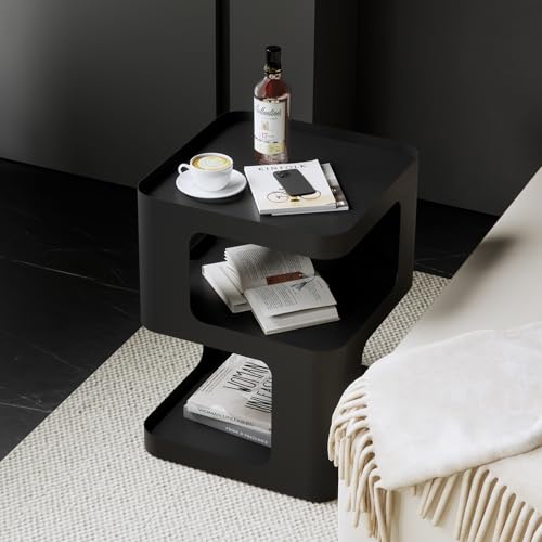 Modern Metal Side Table with Storage,Small End Table for Sofa & Couch,3-Tier Compact Nightstand for Small Spaces,Black Bedside Tables for Living Room & Bedroom,No Assembly Required - color: Black
